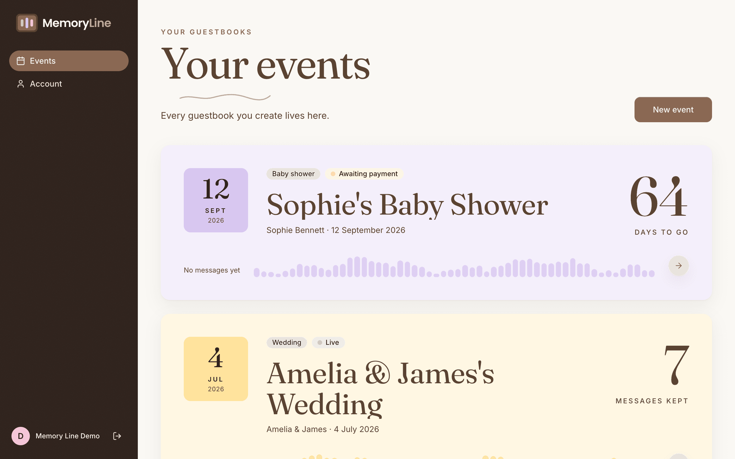The Memory Line app's events shelf: a live wedding and an in-progress baby shower, each shown as its own keepsake card with its date, status and message count.