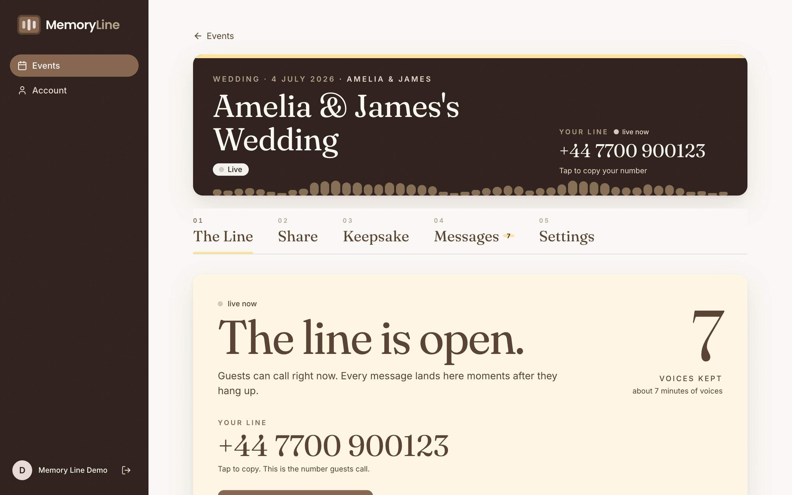 The Memory Line app the morning after the wedding: the event's own number shown live, with seven voices kept — about seven minutes of messages — and a button to listen to the reel.