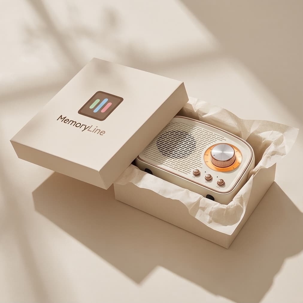 The Memory Speaker, a cream retro speaker with rose-gold trim, nestled in its MemoryLine gift box.