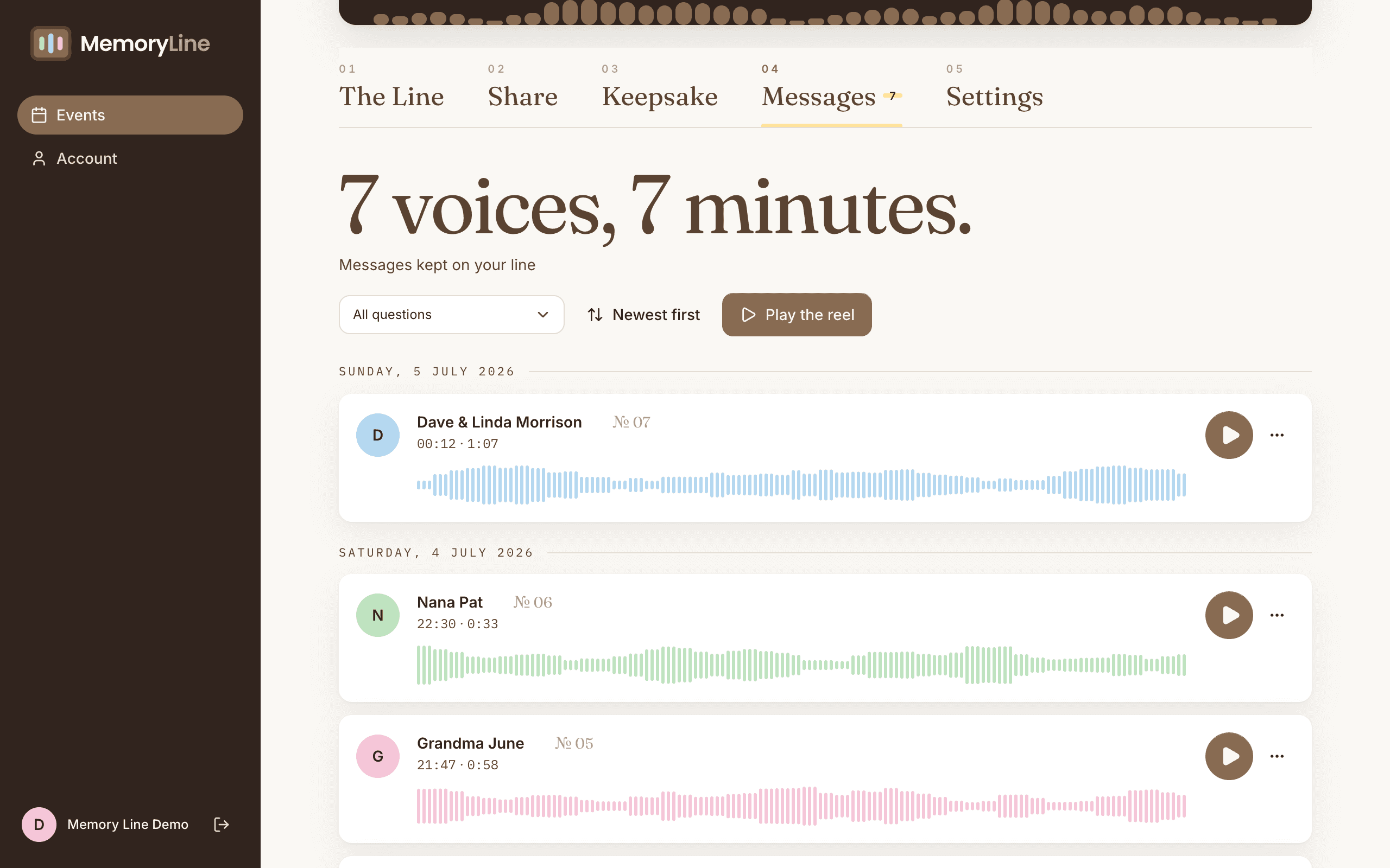 The Memory Line app showing a wedding's message reel: saved voicemails from guests like Nana Pat and Grandma June, each with its own pastel waveform, timestamp and a play button, above a Play the reel control.